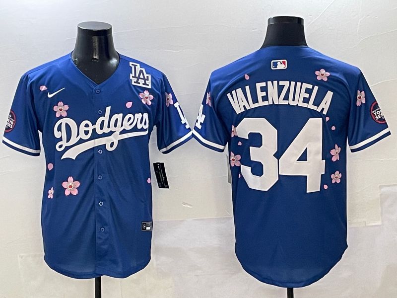 Men Los Angeles Dodgers #34 Valenzuela Blue Sakura Edition 2025 Nike MLB Jersey style 8->los angeles dodgers->MLB Jersey